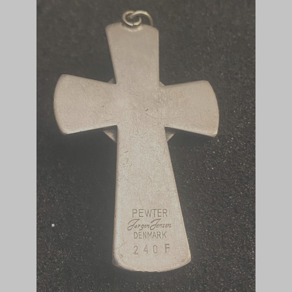 Vintage jorgen Jensen Cross Pendant Denmark Pewter Cross w/Turquoise stone - Picture 2 of 8